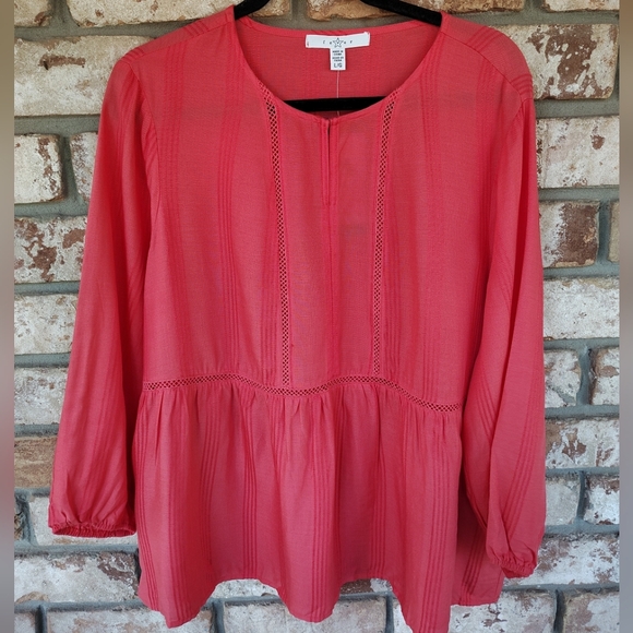 Fever NWT Women's Coral 3/4 Sleeve Peplum Hem Peasant Top  L Boho Casual Vacay - Picture 1 of 9